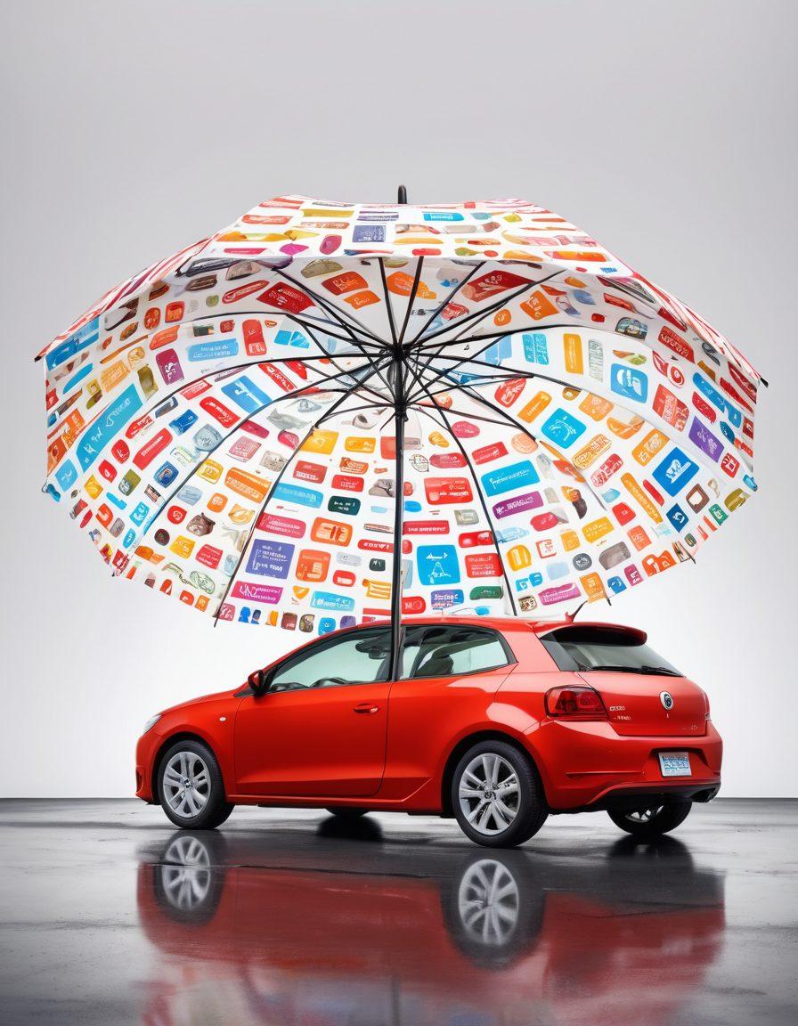 A detailed representation of a car protected under an umbrella made of various insurance policy icons, showcasing elements like collision, theft, and roadside assistance. In the background, a diverse group of people discuss their car coverage options in a friendly manner. Bright colors emphasize safety and security. super-realistic. vibrant colors. white background.