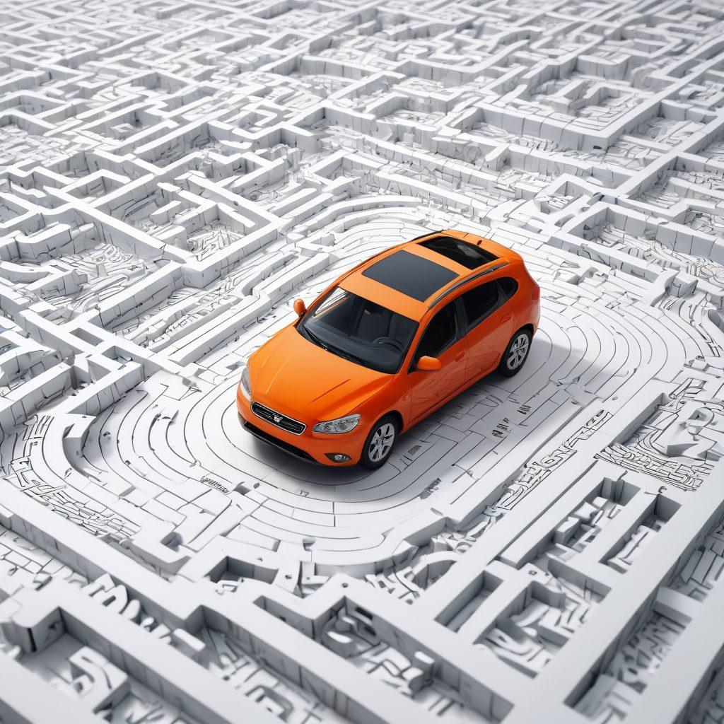 An intricate maze formed by car insurance documents with a person holding a magnifying glass, looking for clarity amidst the confusion. Incorporate vehicles like cars and trucks navigating through the maze. Bright colors to emphasize critical information, such as highlighted sections of the documents, while puzzle-like elements represent challenges. super-realistic. vibrant colors. white background.