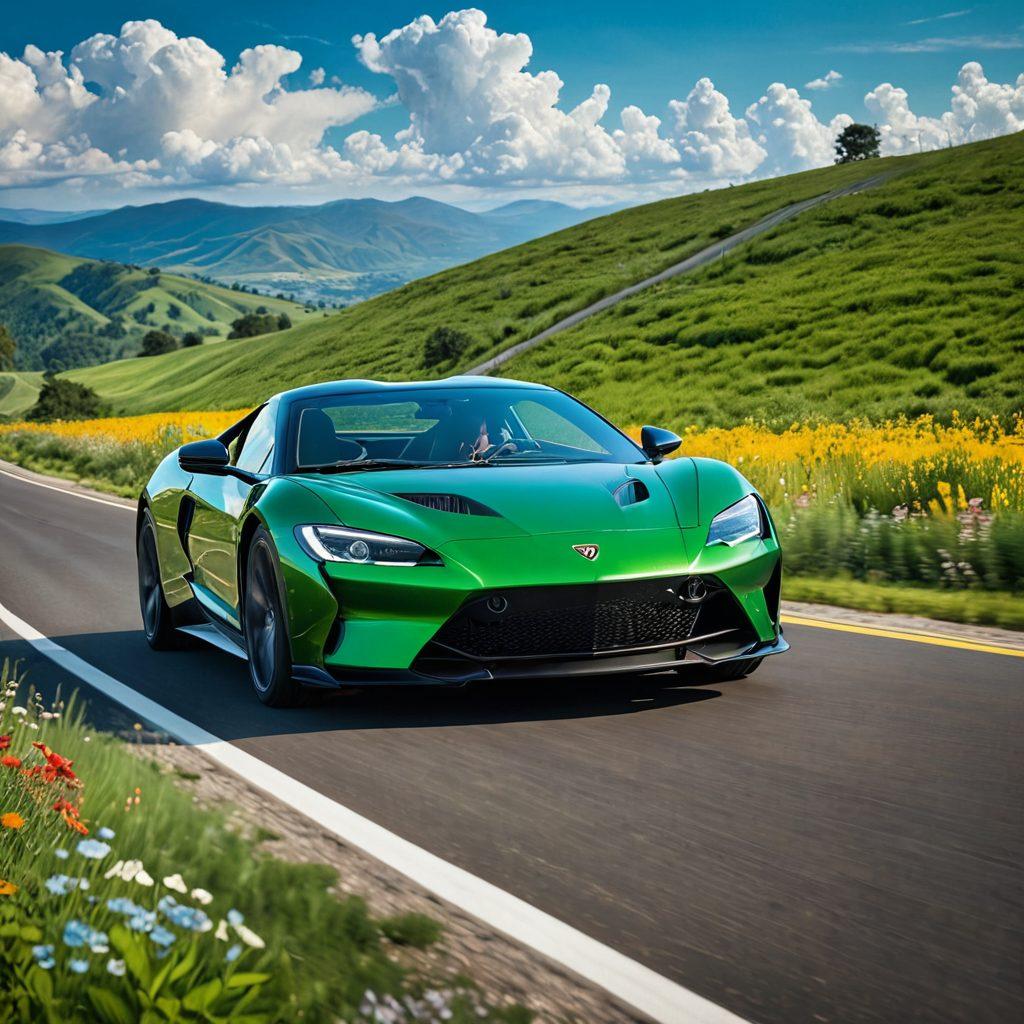A sleek, shiny car driving down a winding road with vibrant landscapes on either side, symbolizing freedom and safety. In the foreground, a protective shield graphic overlays the car, representing insurance coverage. Cloudy skies part to reveal sunshine, conveying confidence. Include icons of various insurance symbols subtly in the background. super-realistic. vibrant colors. 3D.